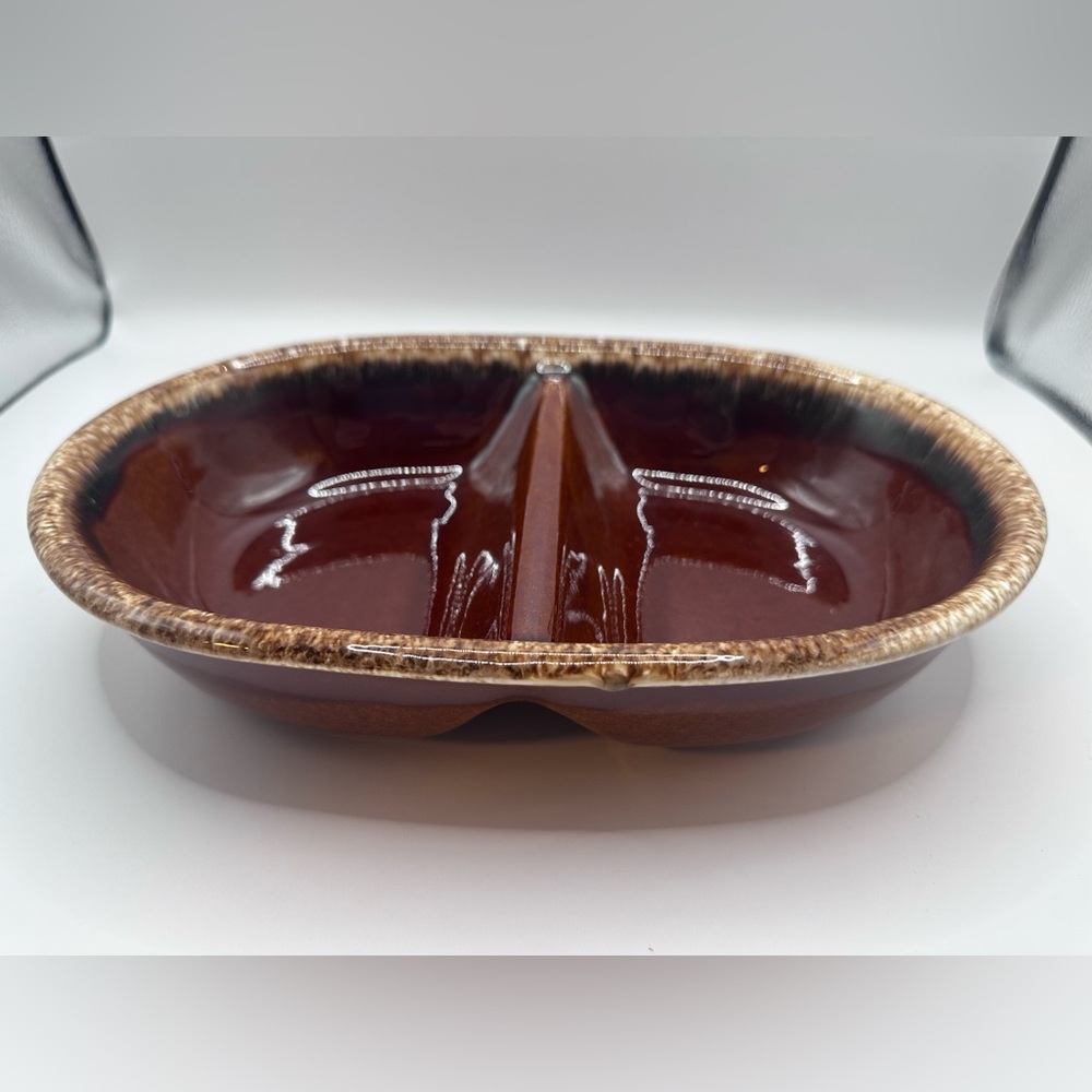 Vintage Hull Oven Proof Brown Drip Divided Relish Serving Dish USA